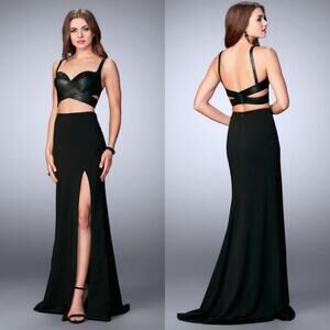 NWT La Femme Black Leather Crisscrossed 2 Piece Gown, Sz 10